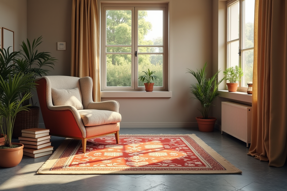 Coin lecture avec tapis rouge et fauteuil confortable