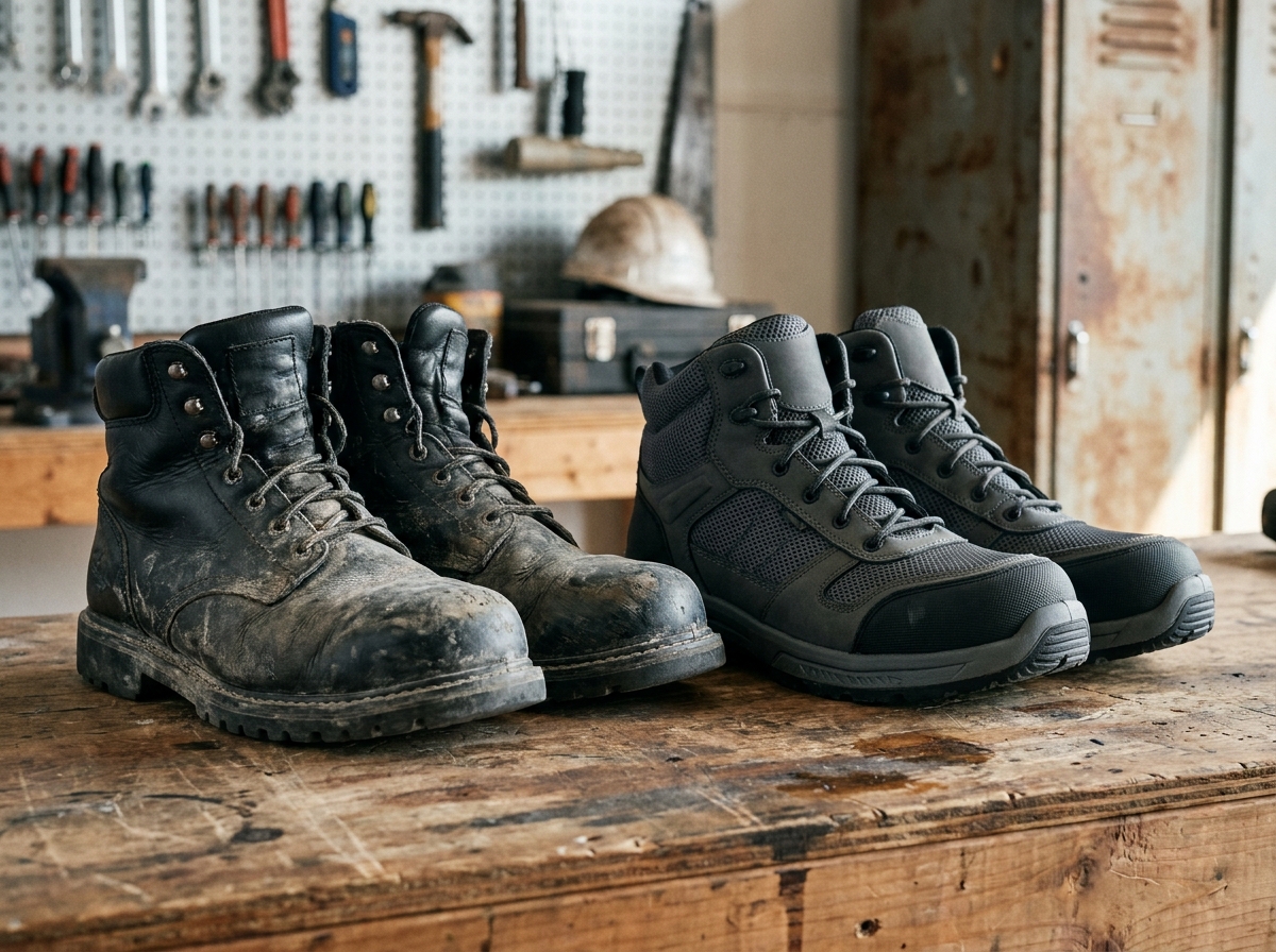 Comparaison de deux paires de chaussures de sécurité sur un établi en bois usé dans une salle de rangement de chantier