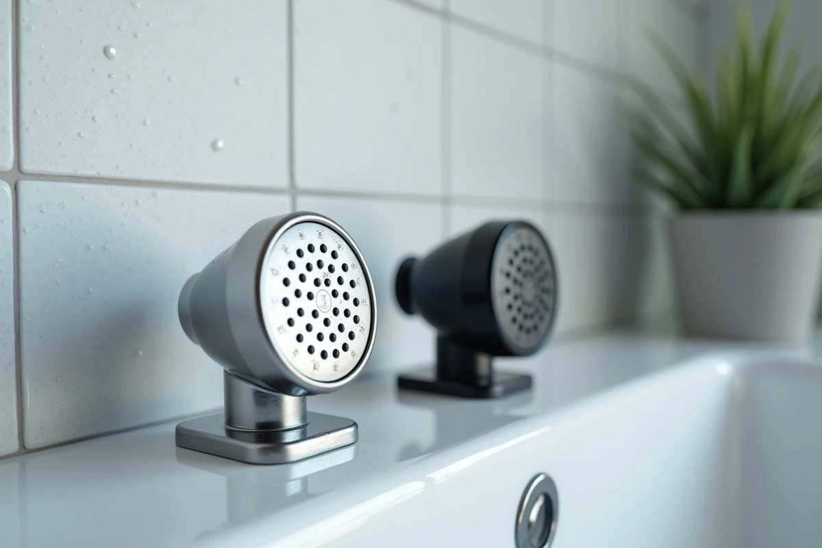 Comparaison entre un ancien pommeau de douche classique et un modèle économe en eau sur une étagère de salle de bain