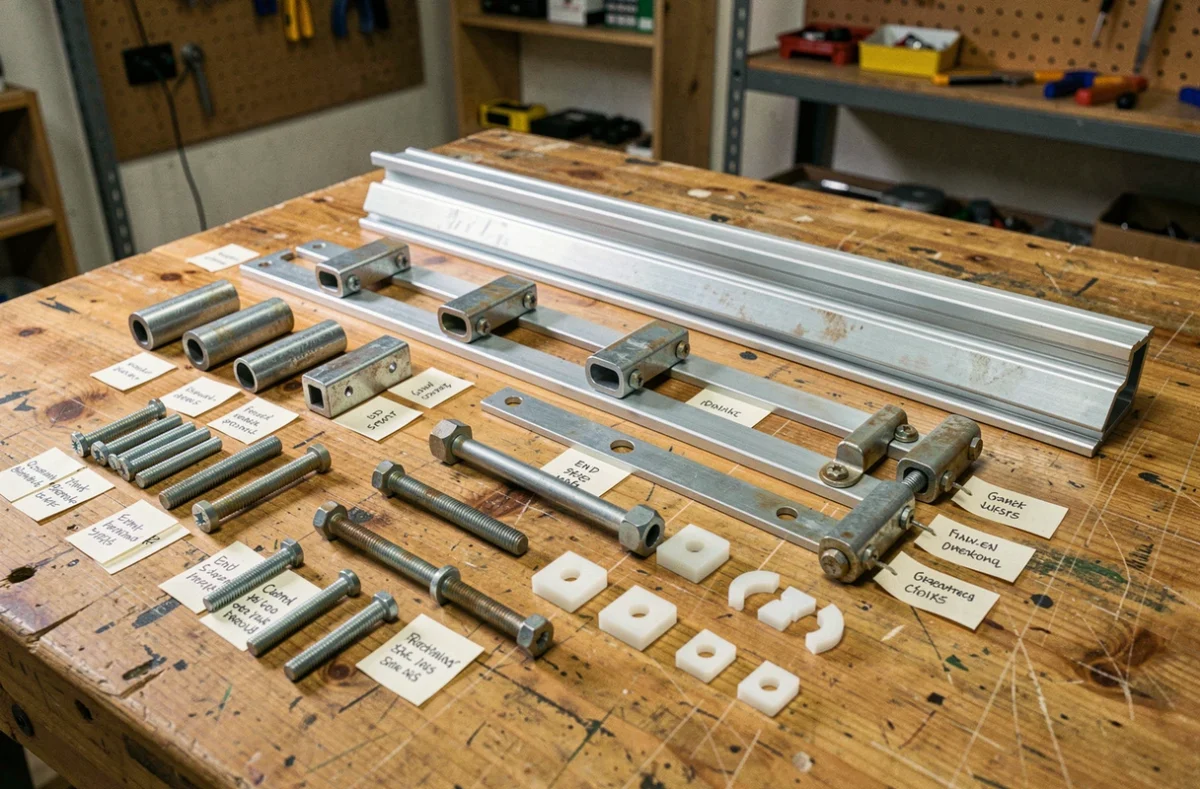 Kit de fixation pour panneaux solaires avec rails aluminium, pinces et boulonnerie disposés sur un établi