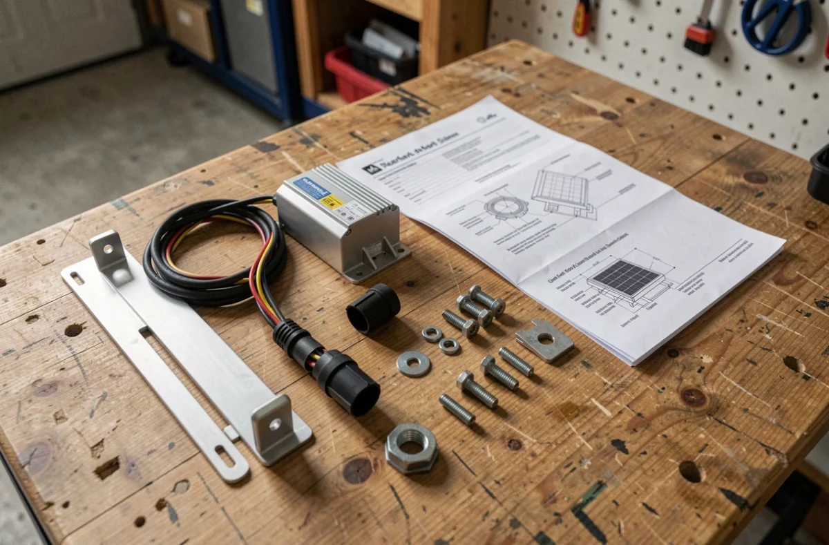 Composants d'un kit panneau solaire disposés sur un établi en bois dans un garage particulier