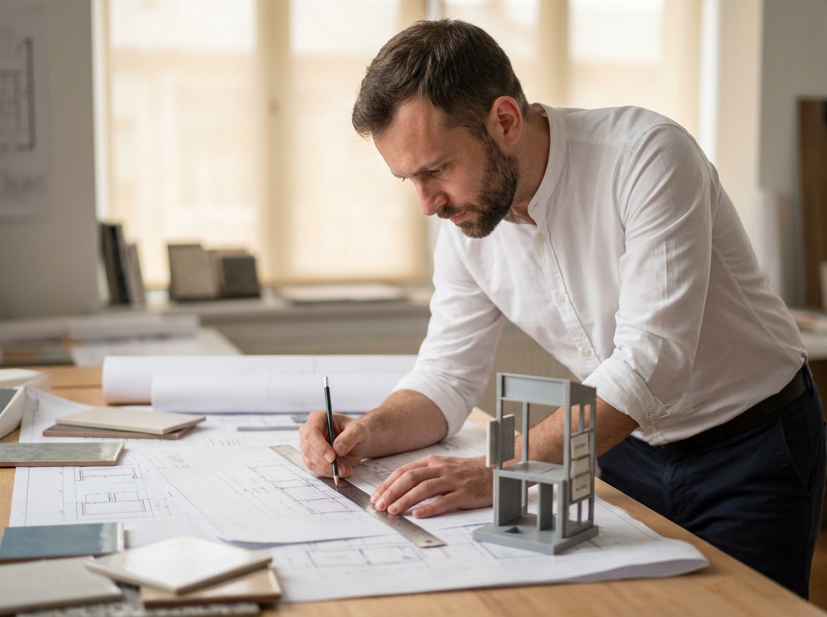 Designer industriel travaillant sur des plans techniques et des prototypes pour la conception sur mesure d'un présentoir carrelage