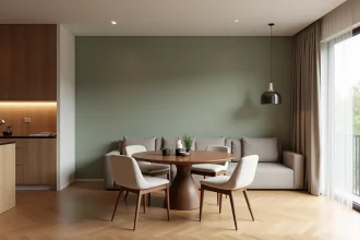 Salon et salle à manger ouverts avec transition de couleurs harmonieuse entre greige et vert sauge