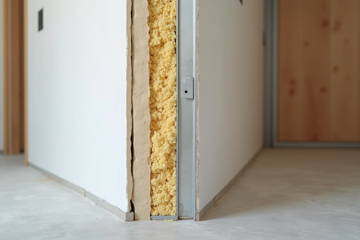 Coupe transversale d'un mur en placo avec isolation laine minérale montrant les couches de construction