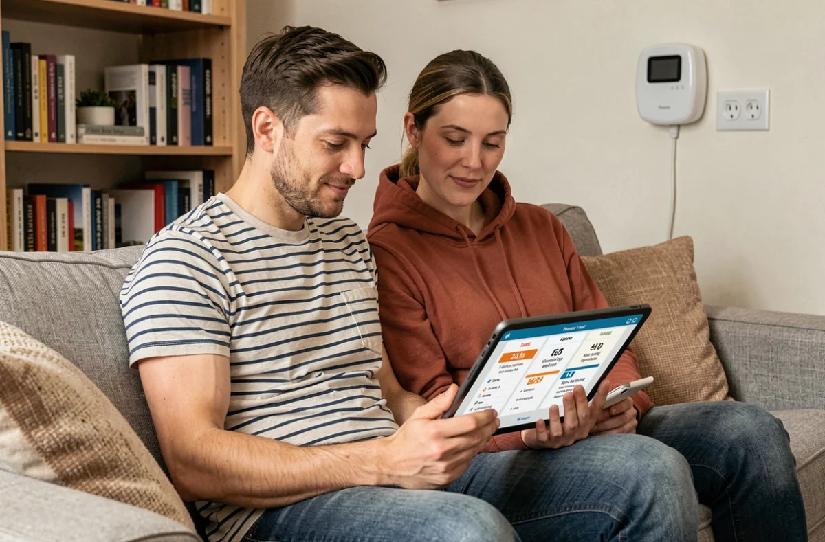 Couple comparant des tarifs d'électricité sur tablette dans leur salon pour choisir la meilleure offre et économiser sur leur facture