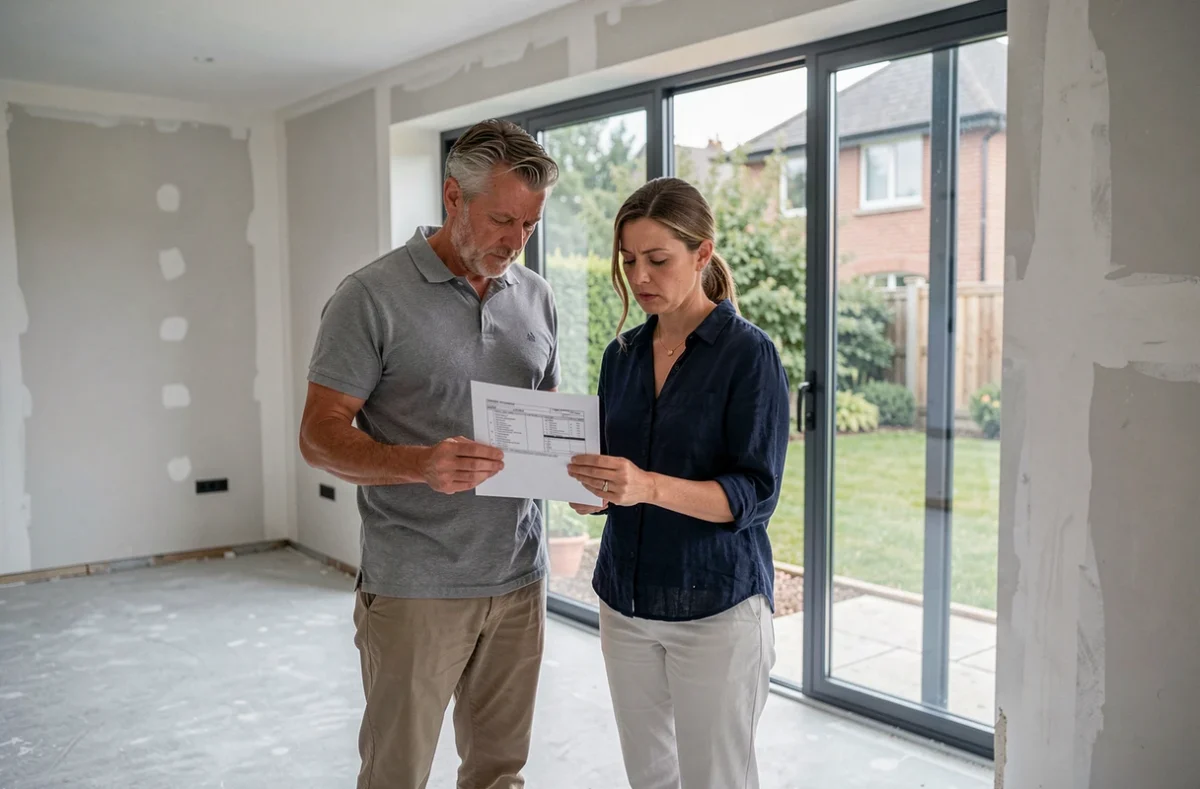 Couple examinant un document administratif dans leur nouvelle extension de maison vitrée de 40m2