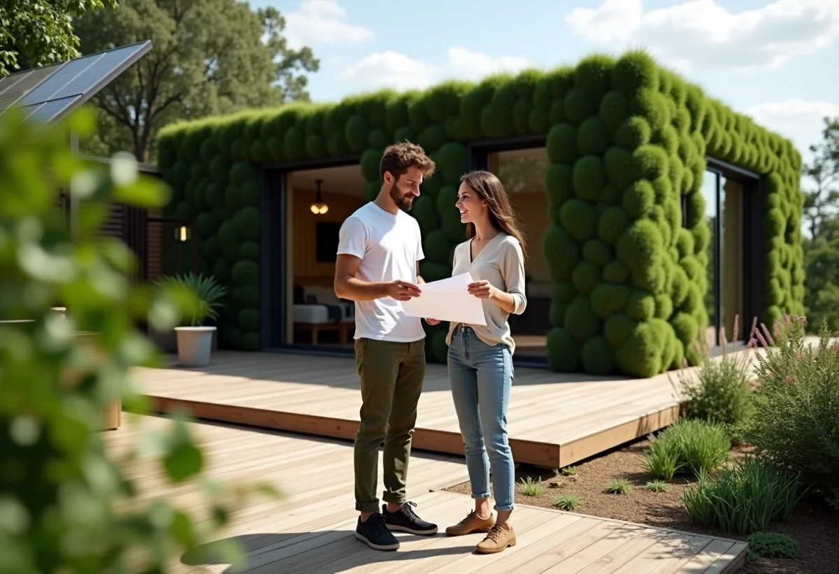 Jeune couple regardant des plans devant une maison écologique