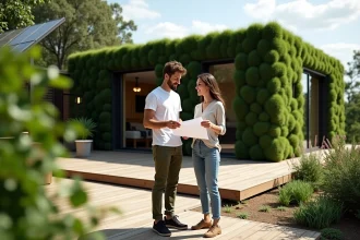 Jeune couple regardant des plans devant une maison écologique