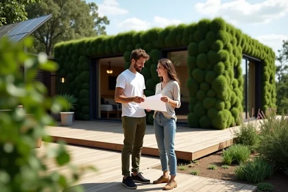 Jeune couple regardant des plans devant une maison écologique