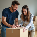 Jeune couple emballant une boxe dans un salon moderne