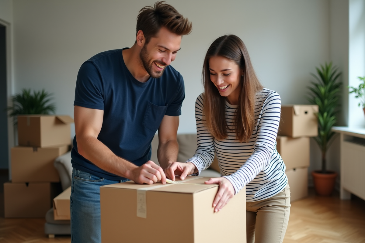 Jeune couple emballant une boxe dans un salon moderne