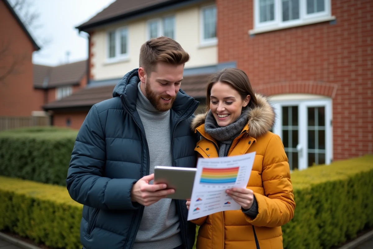 Jeune couple regardant des graphiques d