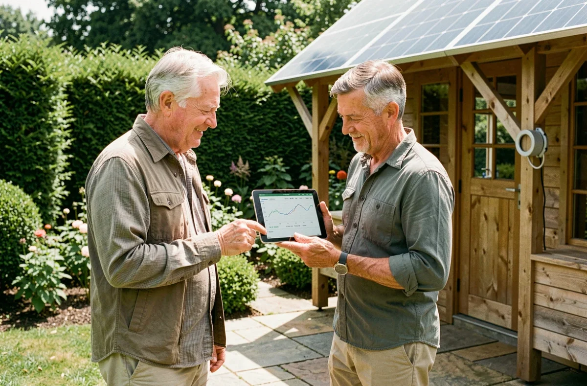 Couple de propriétaires consultant les données de production de leur kit solaire installé dans le jardin