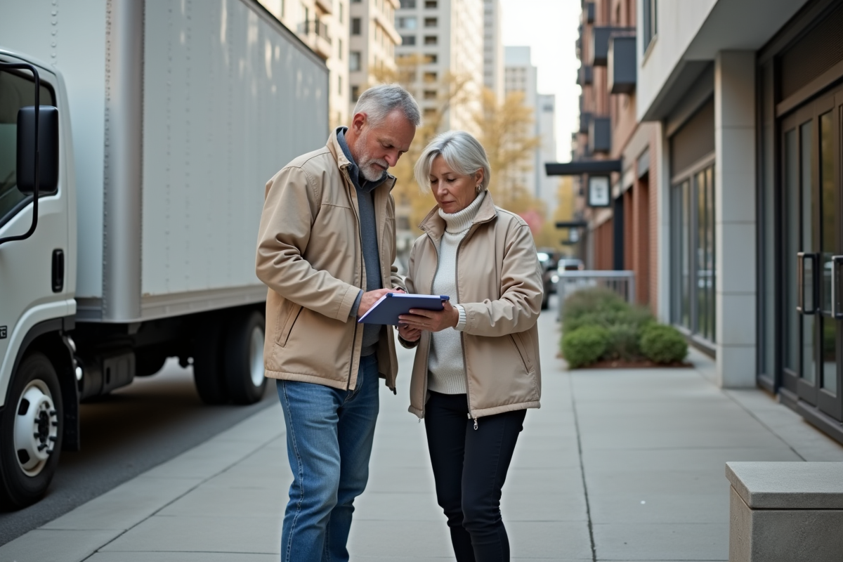 Couple discutant devant un camion de déménagement en ville