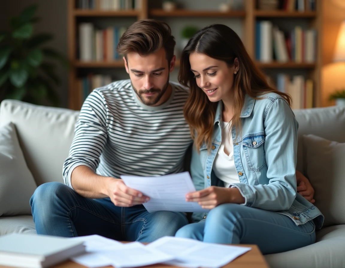 Couple triant des justificatifs de domicile sur une table basse dans un salon, préparant un dossier administratif