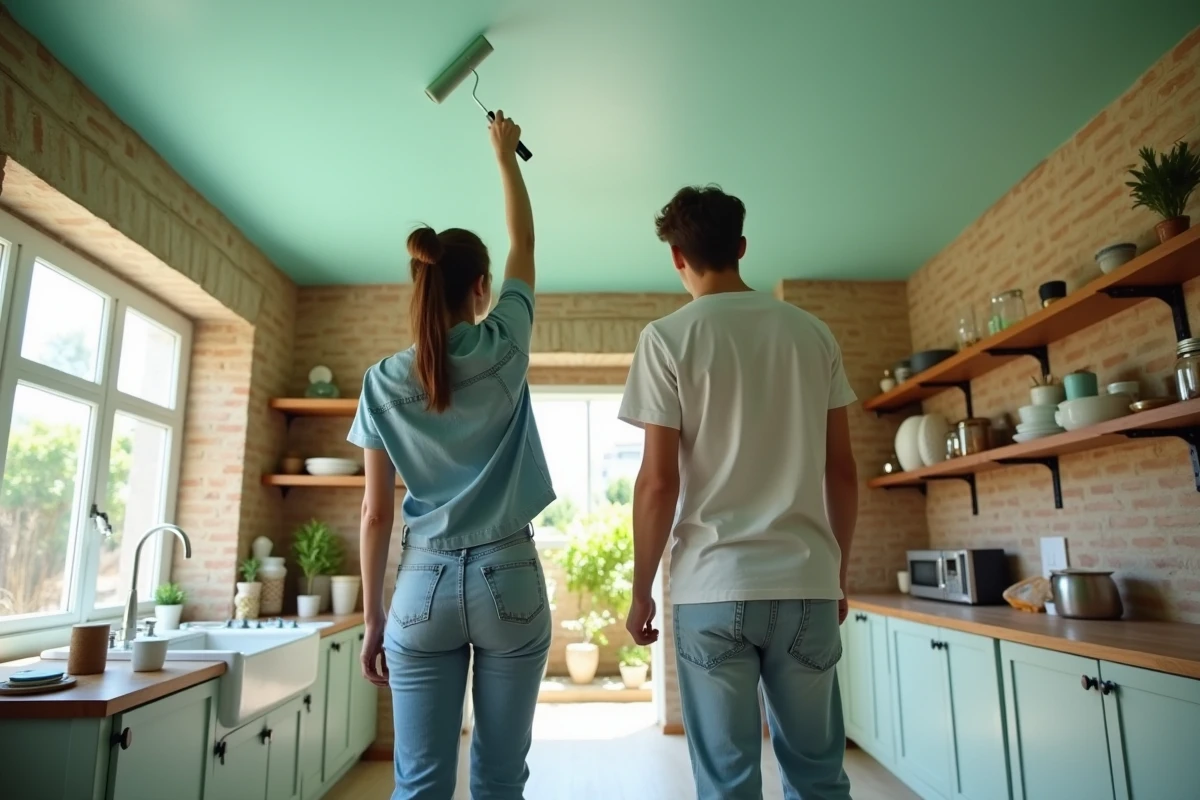 Jeune couple peignant un plafond vert dans la cuisine