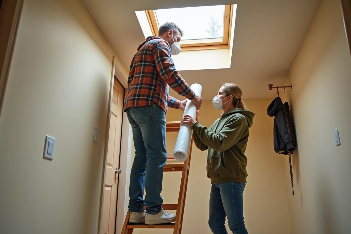 Couple préparant l'accès aux combles avec une bâche de protection avant l'isolation à la ouate de cellulose