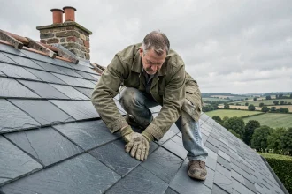 Couvreur posant des ardoises de grande dimension sur un toit en pente d'une maison en pierre, illustrant l'importance du calibre des ardoises pour la durabilité de la toiture
