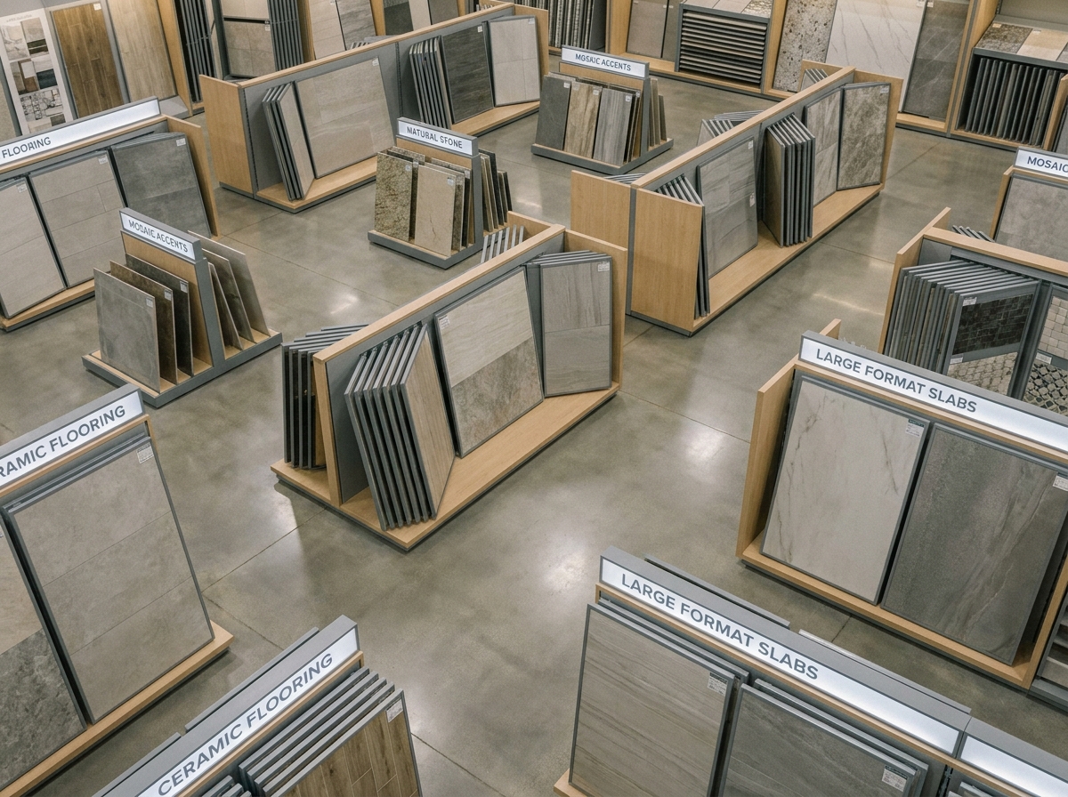 Agencement optimisé d'un espace de vente carrelage avec des présentoirs modulaires disposés stratégiquement pour faciliter la circulation client