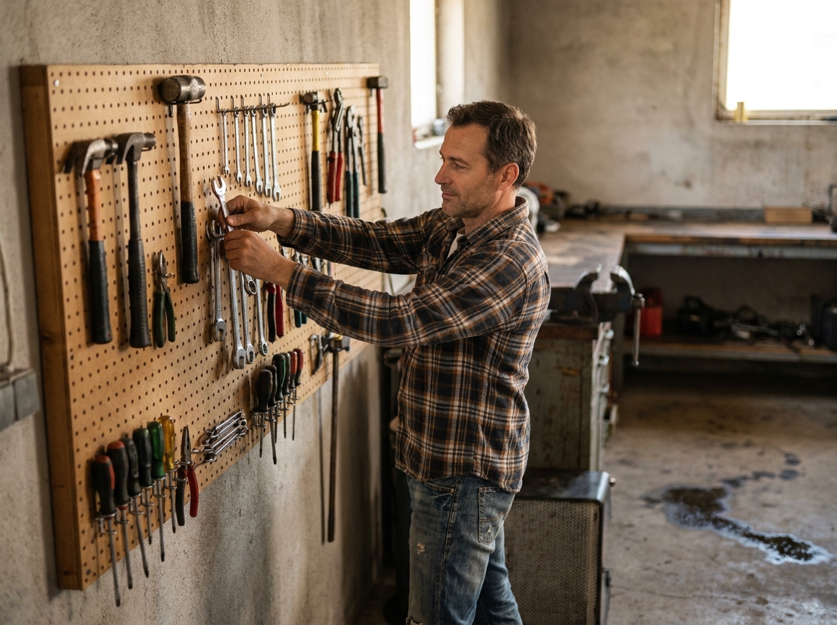 Panneau perforé et crochets muraux dans un garage pour ranger des outils à portée de main