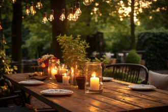 Guirlande guinguette illuminant un jardin festif et convivial