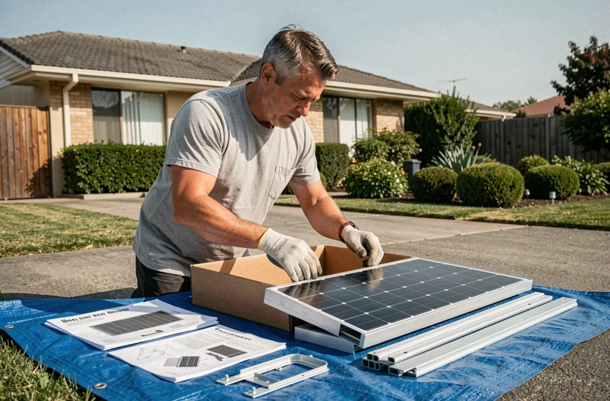 Homme déballant un kit de panneaux solaires dans son allée avec les composants organisés sur une bâche bleue