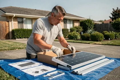 Homme déballant un kit de panneaux solaires dans son allée avec les composants organisés sur une bâche bleue