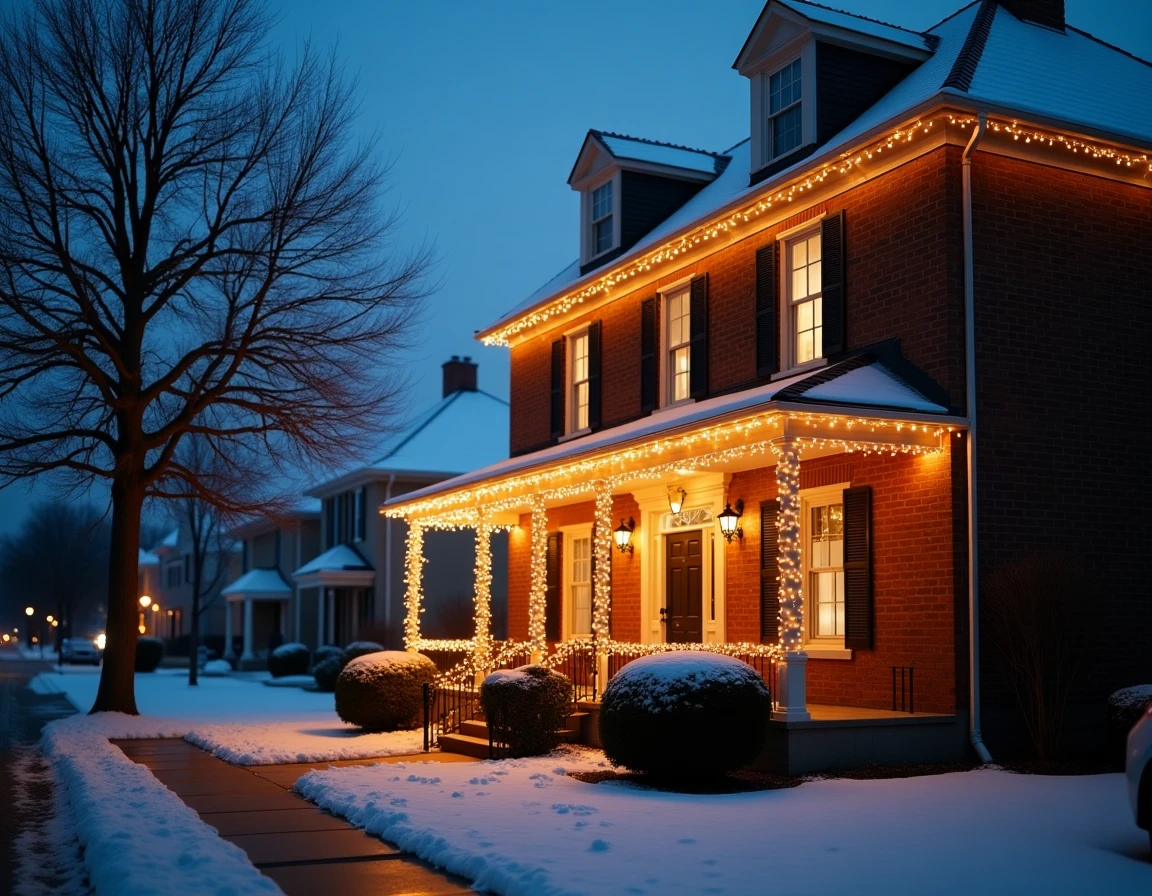 Décoration de Noël extérieure bien installée sur une maison en brique avec guirlandes LED sécurisées et prise électrique étanche visible