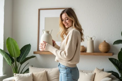 Jeune femme arrangeant des vases pastel dans un salon chaleureux