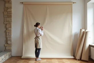 Décoratrice d'intérieur comparant des échantillons de toile enduite contre un mur en plâtre dans un appartement parisien