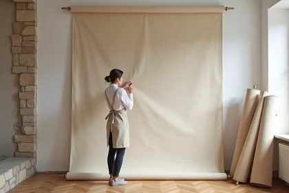 Décoratrice d'intérieur comparant des échantillons de toile enduite contre un mur en plâtre dans un appartement parisien