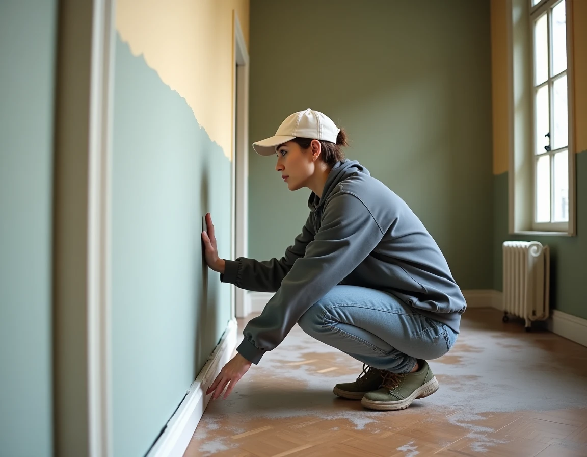 Décoratrice professionnelle vérifiant l'accroche d'une peinture appliquée sur glycéro sans décapage dans un appartement en rénovation