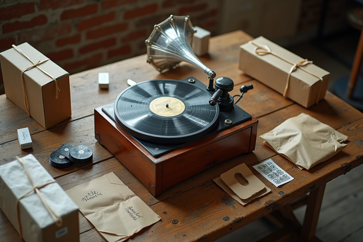 Vue en plongée des pièces démontées d'un gramophone ancien emballées individuellement sur une table en bois avec matériaux d'emballage professionnels