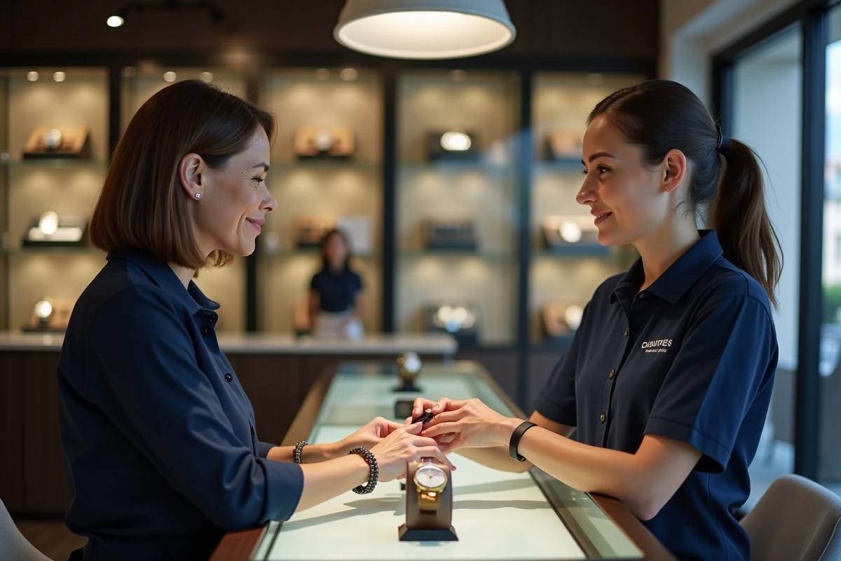 Cliente remettant sa montre à une technicienne horlogère au comptoir d'un centre de réparation de montres