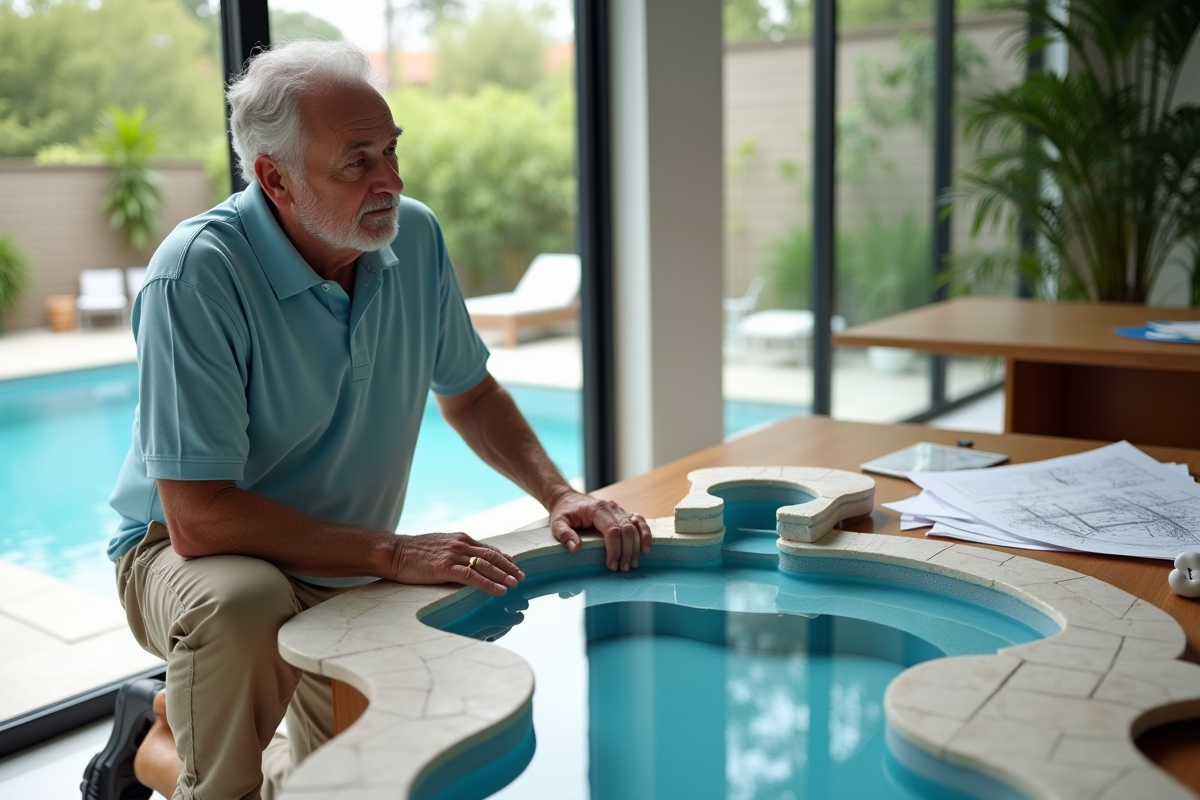 Designer de piscines montrant un modele de piscine en miniature