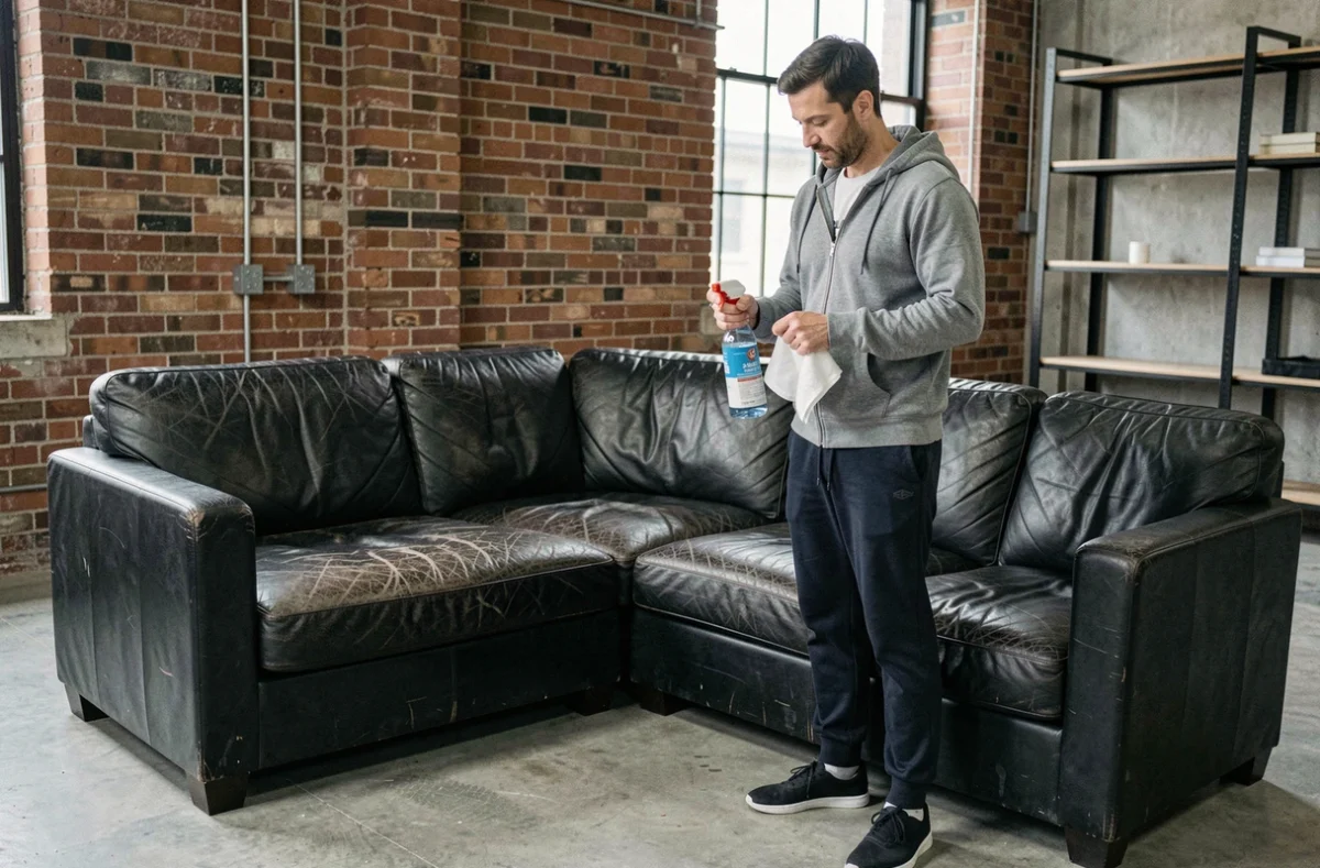 Homme s'apprêtant à désinfecter un grand canapé d'angle en cuir noir d'occasion dans un appartement style loft
