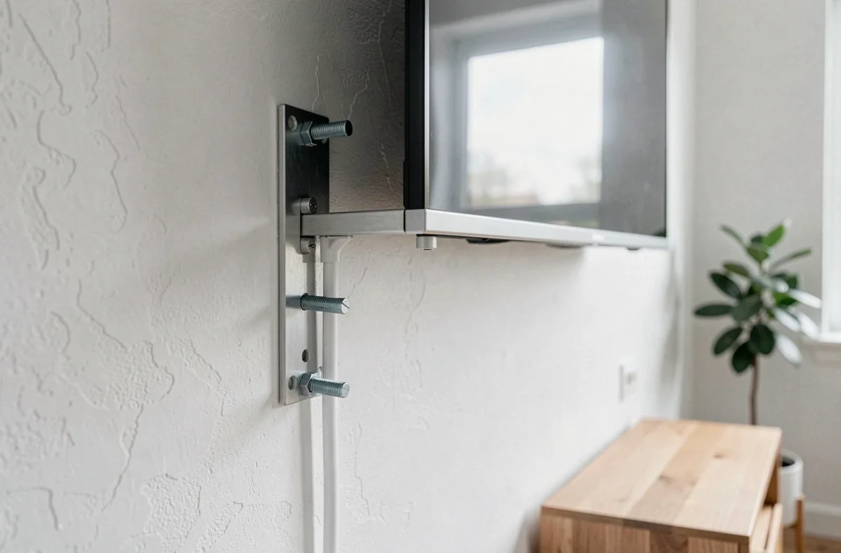 Gros plan sur un support TV fixé au mur en placo avec chevilles à bascule et gestion soignée des câbles dans une chambre style scandinave