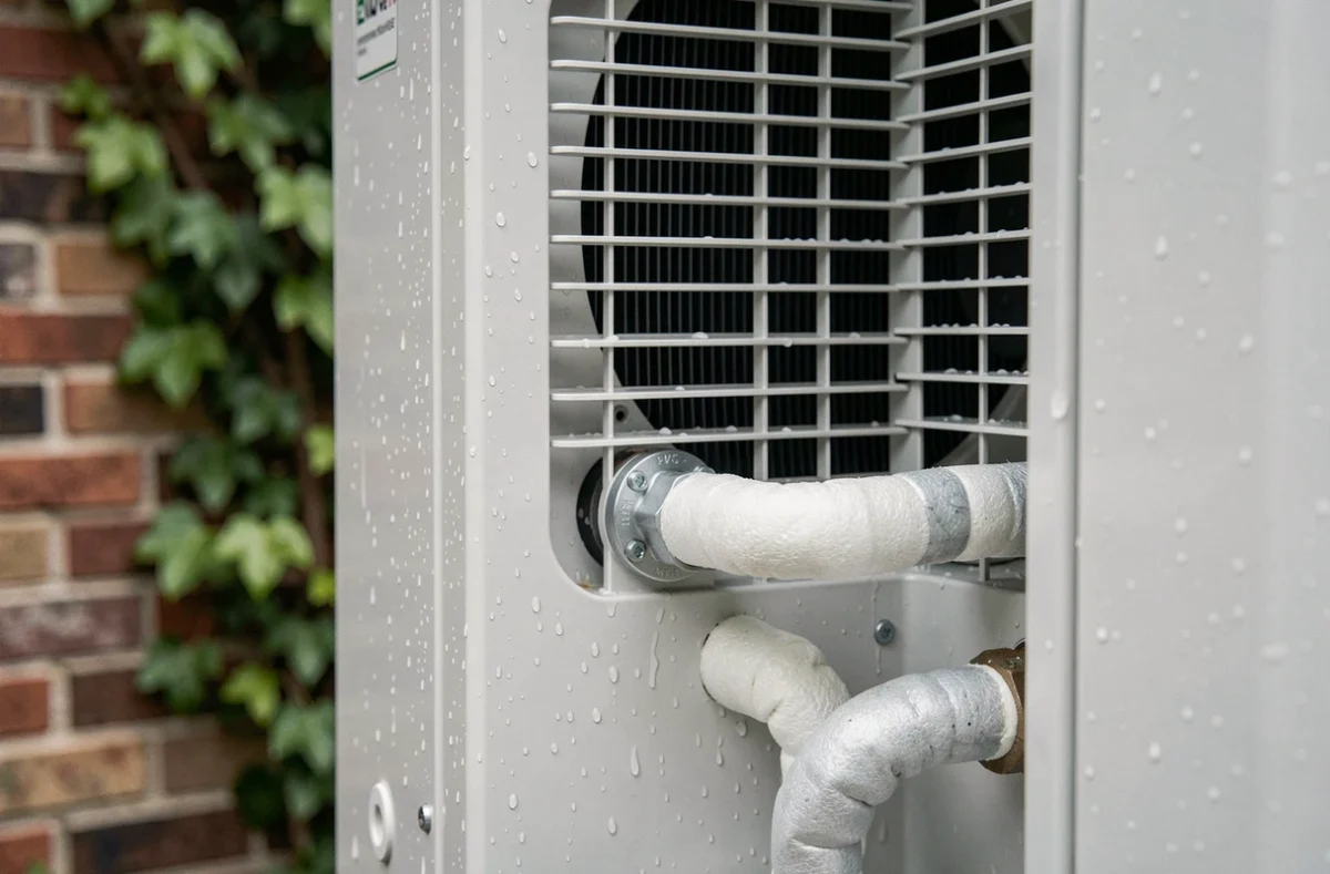 Détail de la grille de ventilation et des raccords frigorifiques d'une pompe à chaleur air eau Atlantic Alféa Extensa Duo