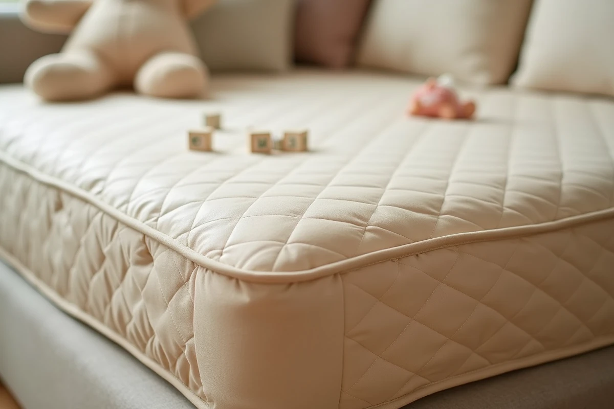 Détail de la housse matelassée imperméable avec coins élastiqués sur un clic clac avec jouets posés dessus