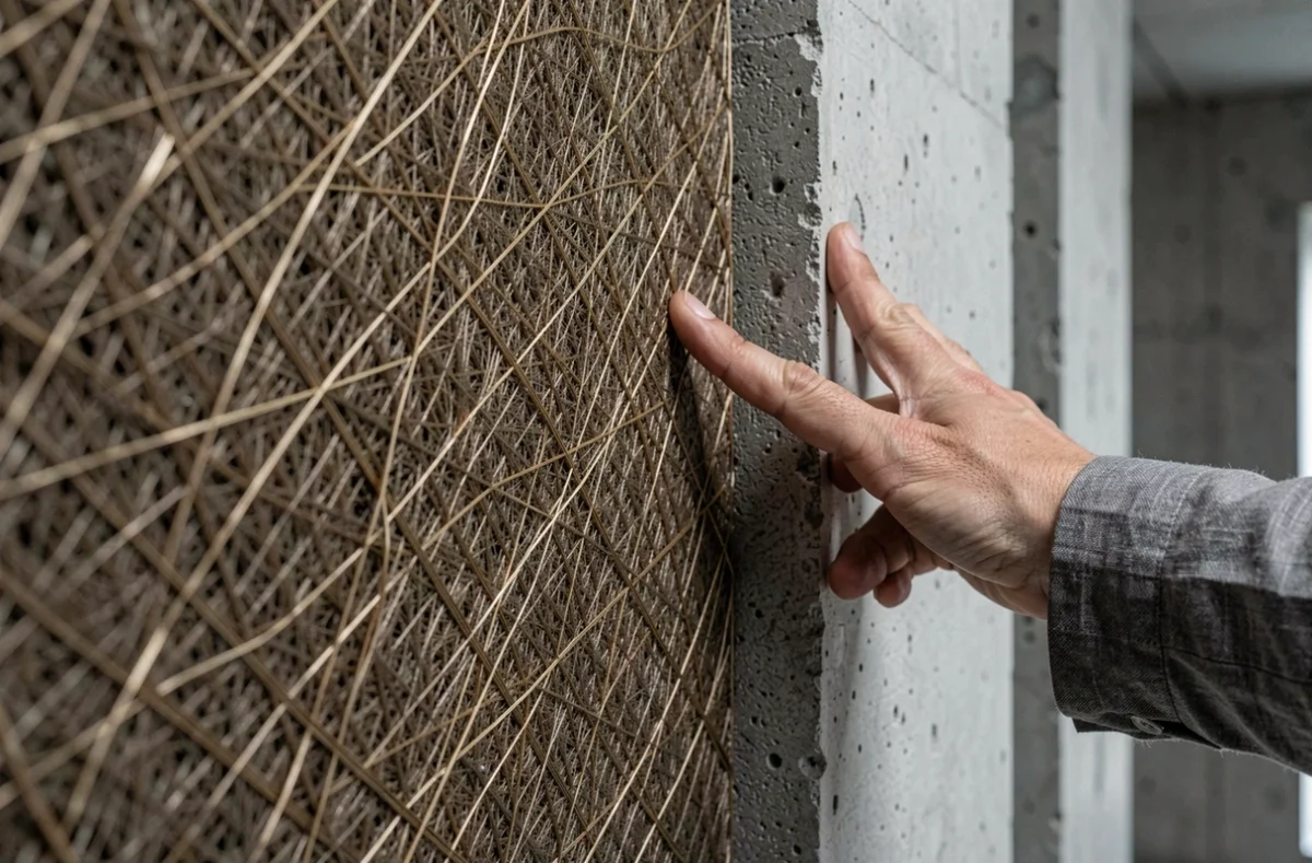 Détail macro d'un plaquage fibrecouture installé en intérieur, texture composite et finition précise pour architectes exigeants