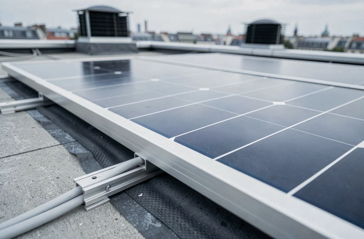 Détail de panneaux solaires intégrés sur une toiture plate urbaine avec rails de fixation et conduits électriques
