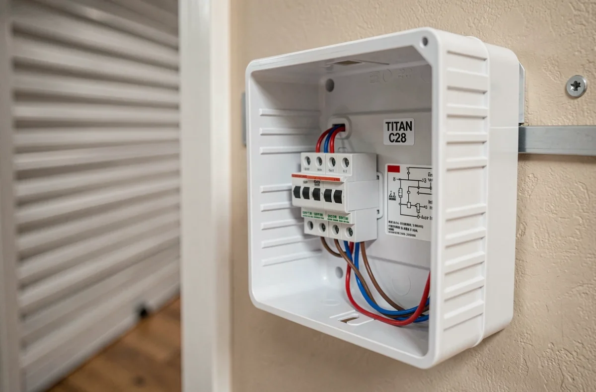 Gros plan sur les bornes de raccordement et le câblage intérieur du coffret TITAN C28 pour volet roulant