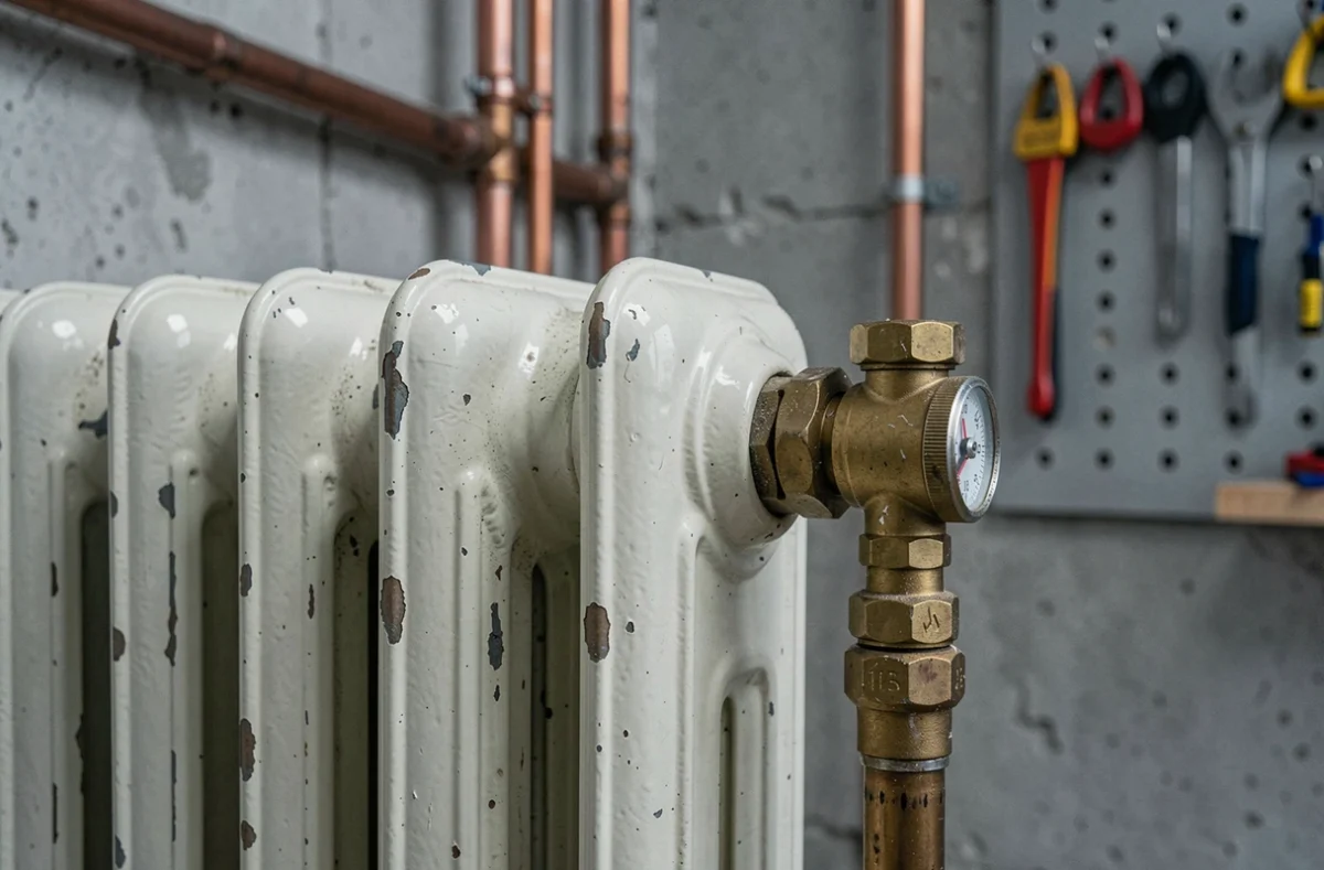 Gros plan sur un robinet thermostatique en laiton fixé sur un radiateur en fonte à colonnes avec peinture ancienne écaillée
