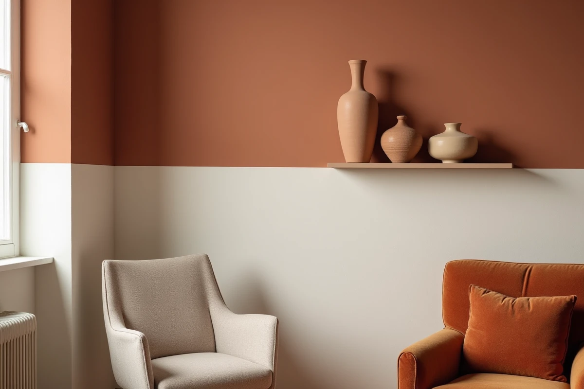 Détail de transition de couleur entre terracotta et blanc cassé dans un espace salle à manger et salon ouvert