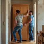 Homme et femme déplacent une grande armoire dans un couloir étroit