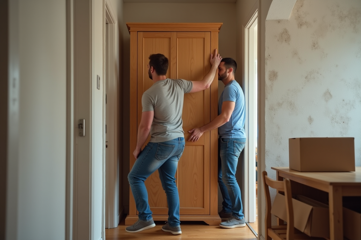 Homme et femme déplacent une grande armoire dans un couloir étroit