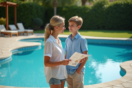 Femme et adolescent discutant formes de piscines au bord de la piscine