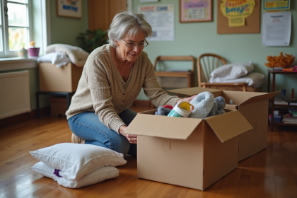 Femme d'âge moyen triant des objets usagés dans un centre communautaire