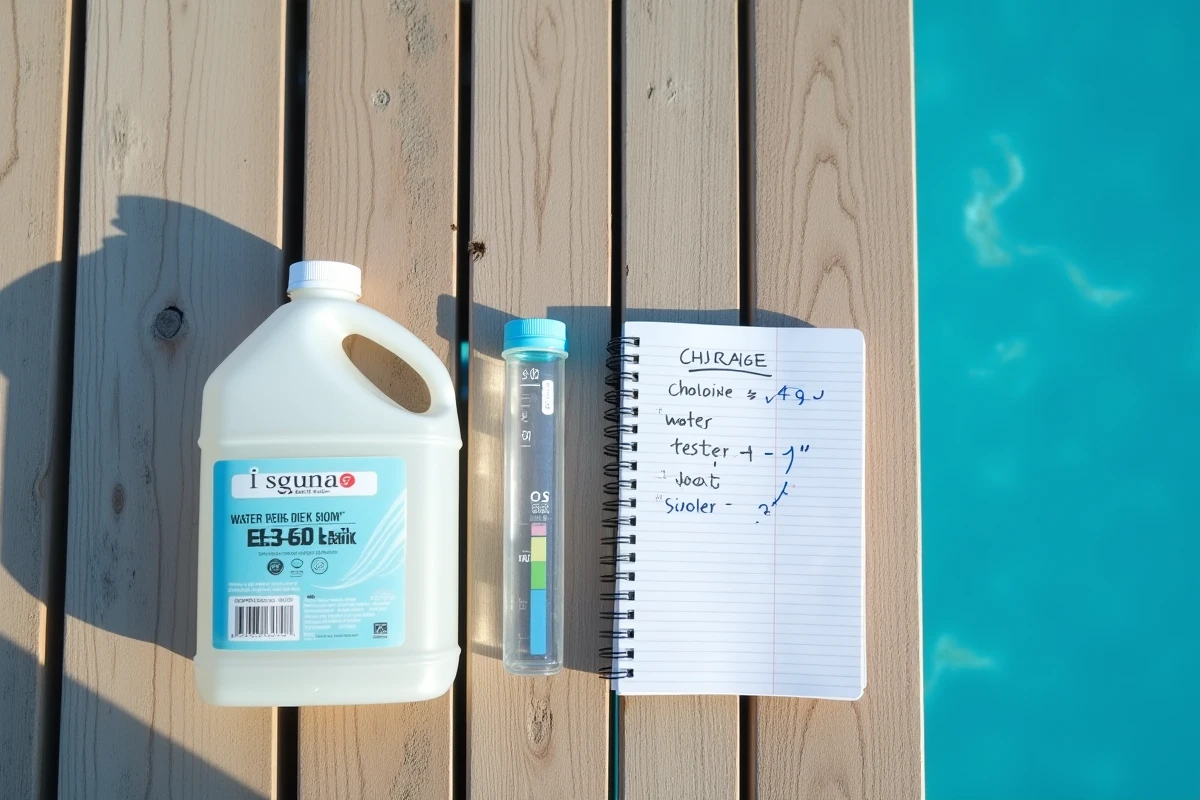 Gros plan sur les outils de dosage de javel pour piscine avec flacon, éprouvette graduée et bandelettes de test