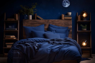 Chambre décorée en bleu nuit pour une ambiance cosy et zen